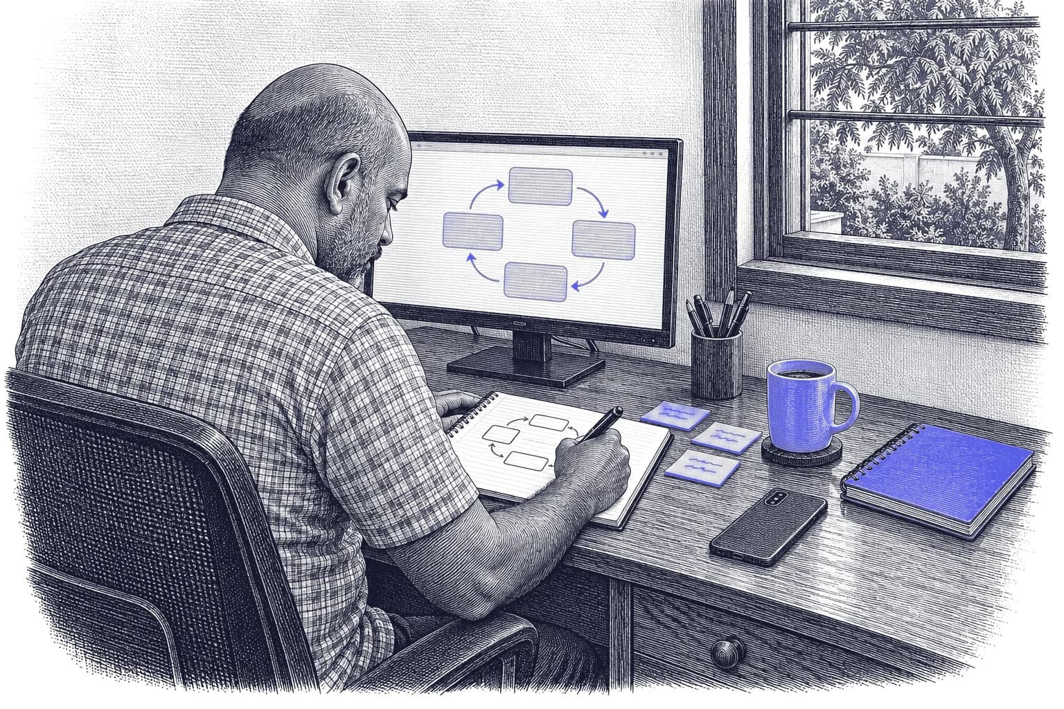 Engraving of a bald Indian man in a checked shirt at a home desk, sketching a loop of four boxes in a notebook while the same loop shows on his monitor.