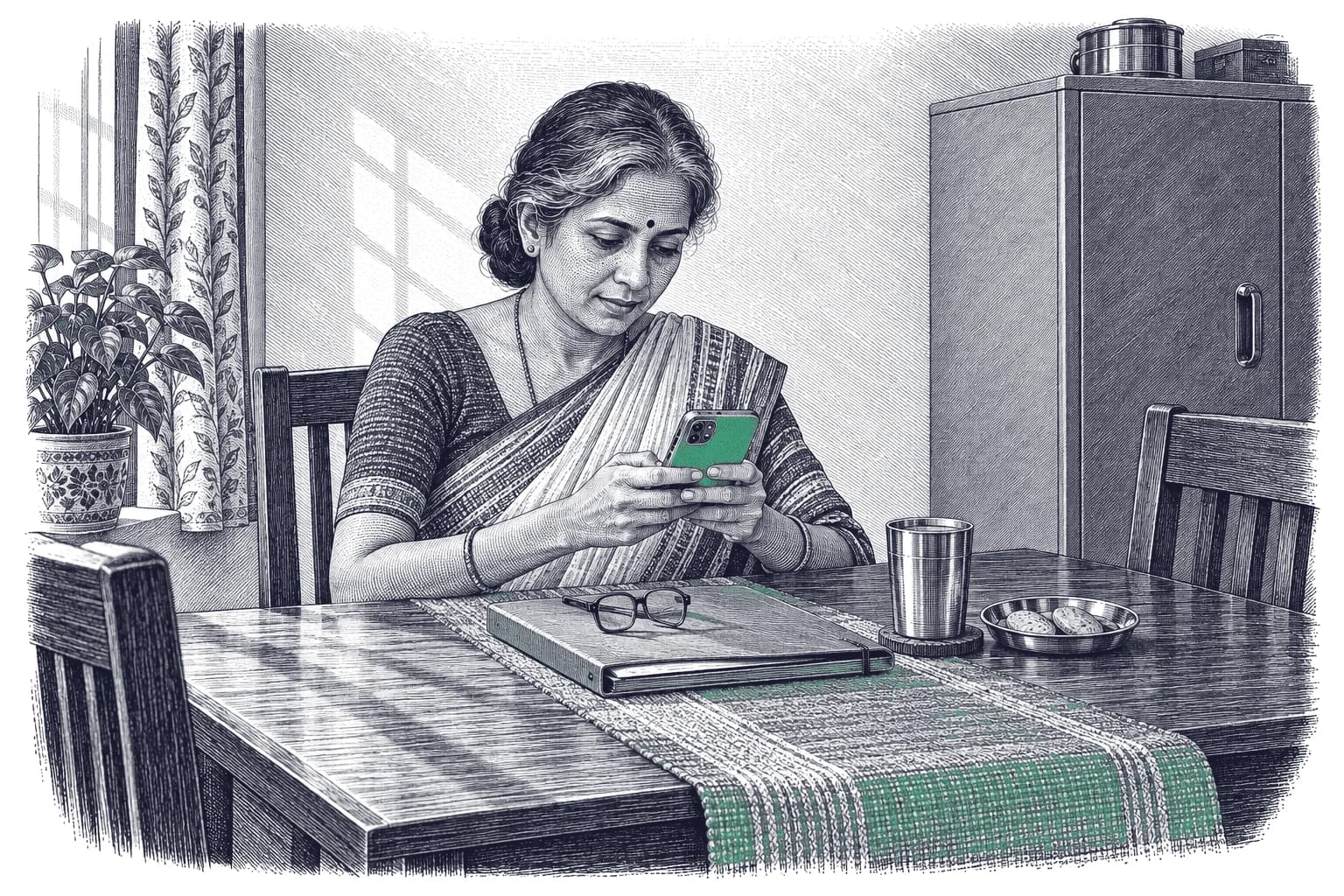 Engraving of an Indian woman in her fifties in a handloom sari at a dining table, typing a message on her green phone, with a closed file folder and her reading glasses in front of her.