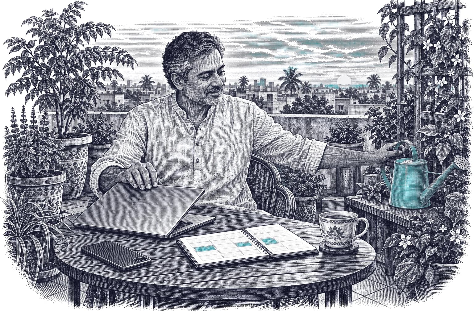 Engraving of an Indian man in his late forties with a grey beard closing his laptop on a terrace garden at dusk and reaching for a teal watering can, with a weekly planner showing three blocks.