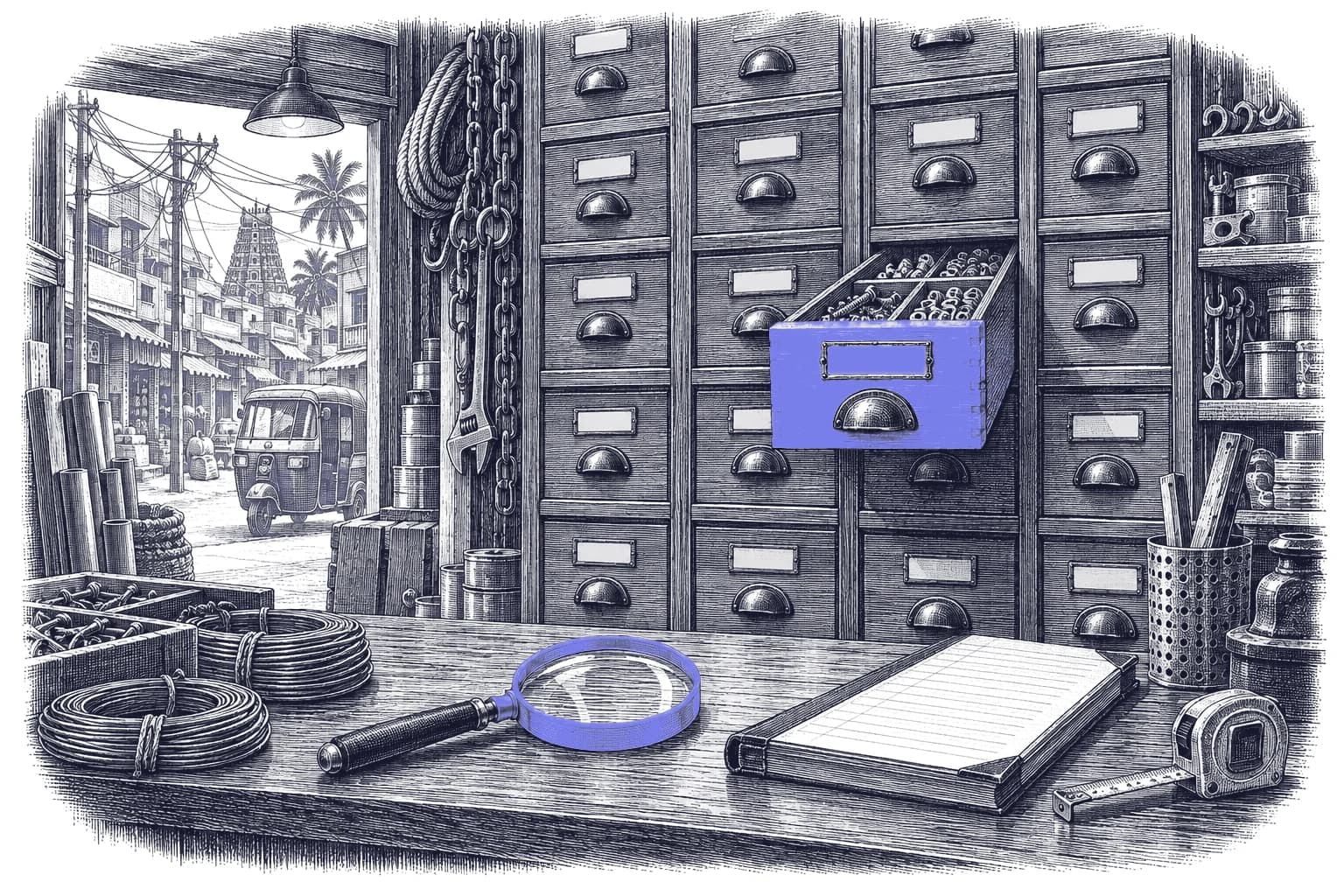 Engraving of a wall of identical wooden drawers in an Indian hardware shop, with one drawer pulled out in periwinkle and a periwinkle magnifying glass on the counter, and an auto-rickshaw in the street outside.