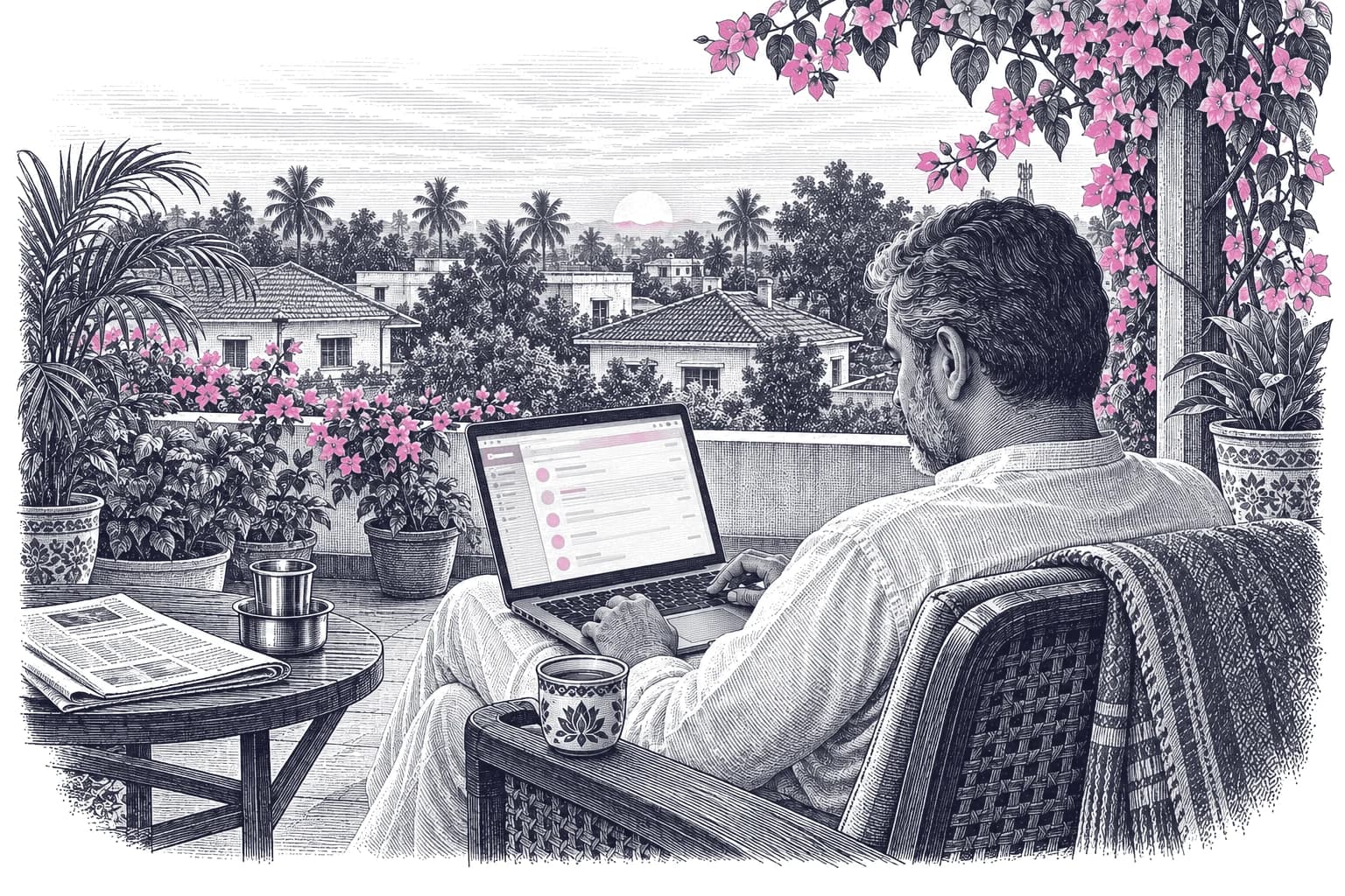 Engraving of a grey-bearded Indian man in a white kurta working on a laptop in a cane chair on a bungalow terrace at sunrise, surrounded by pink bougainvillea, with tea and a newspaper beside him.