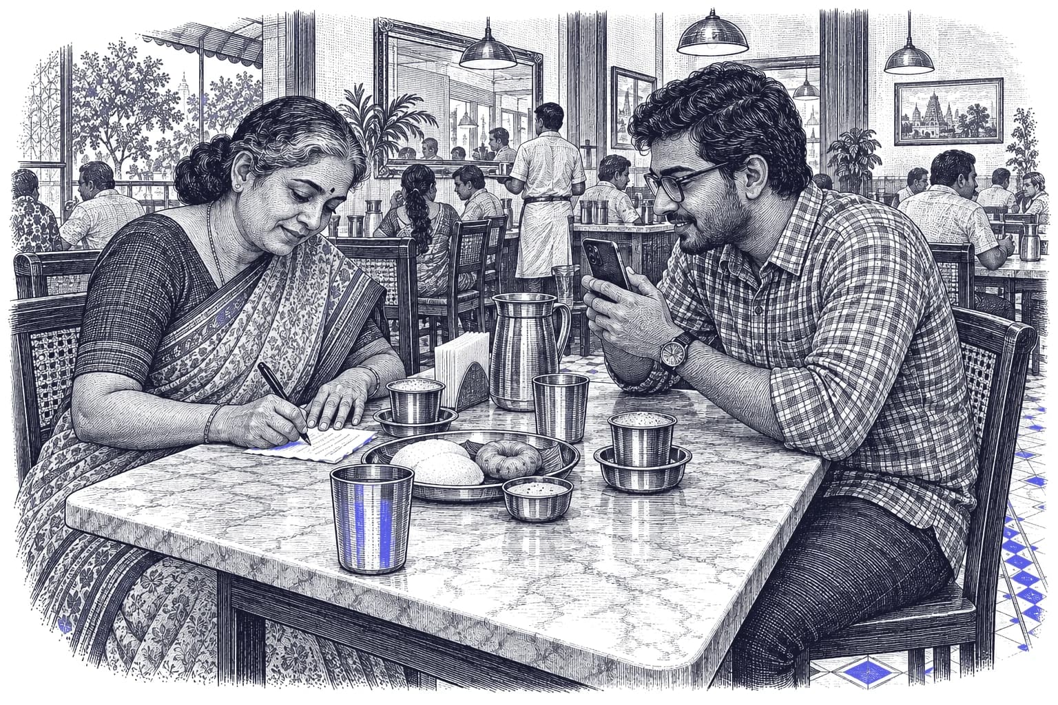 Engraving of an Indian woman in a sari writing a name on a slip of paper for a former colleague in a checked shirt, at a marble table in a busy Bengaluru darshini with filter coffee, idli and vada.