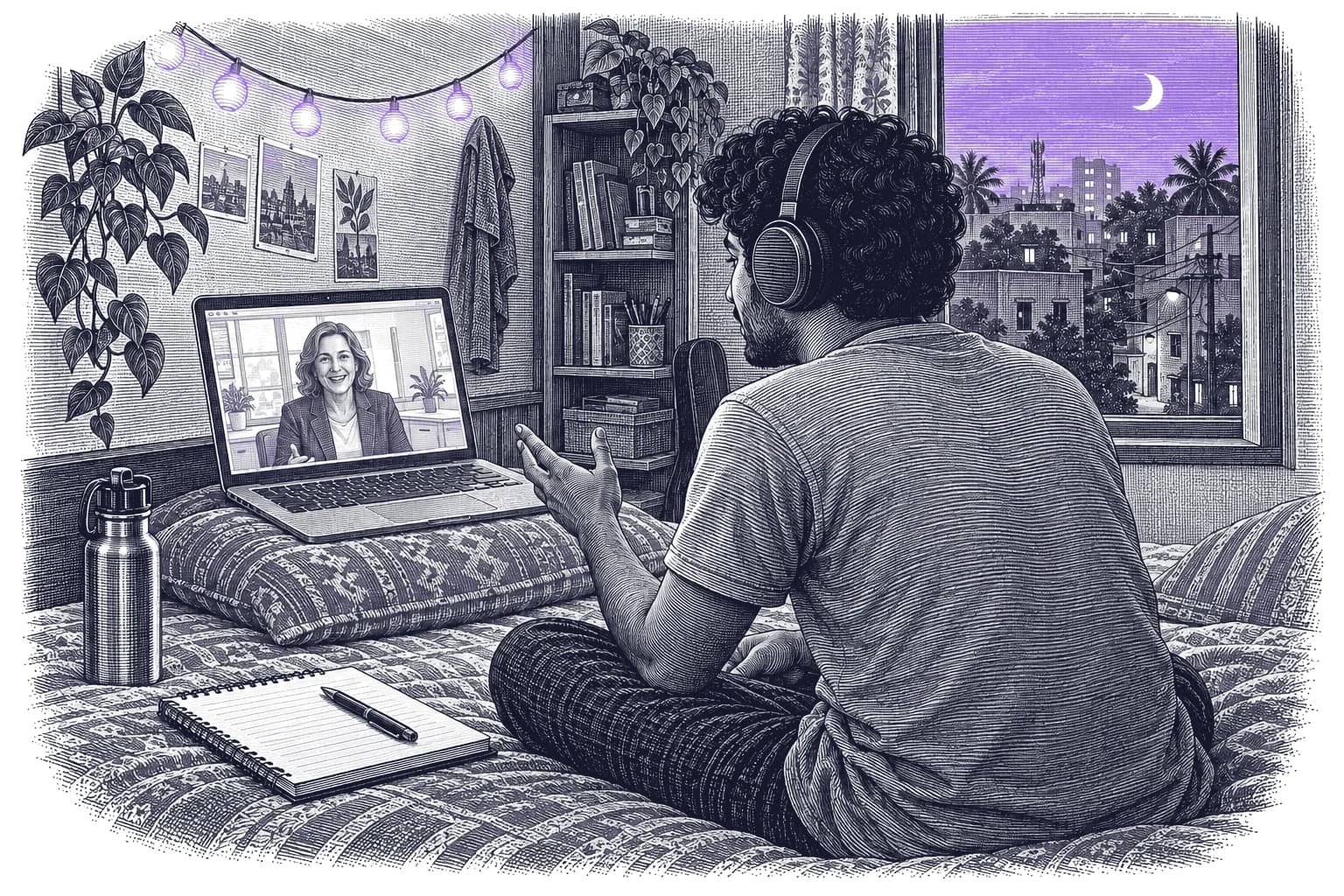 Engraving of a young Indian man with curly hair and headphones on a video call from his bed at night, gesturing to a smiling client on the laptop screen, under string lights.