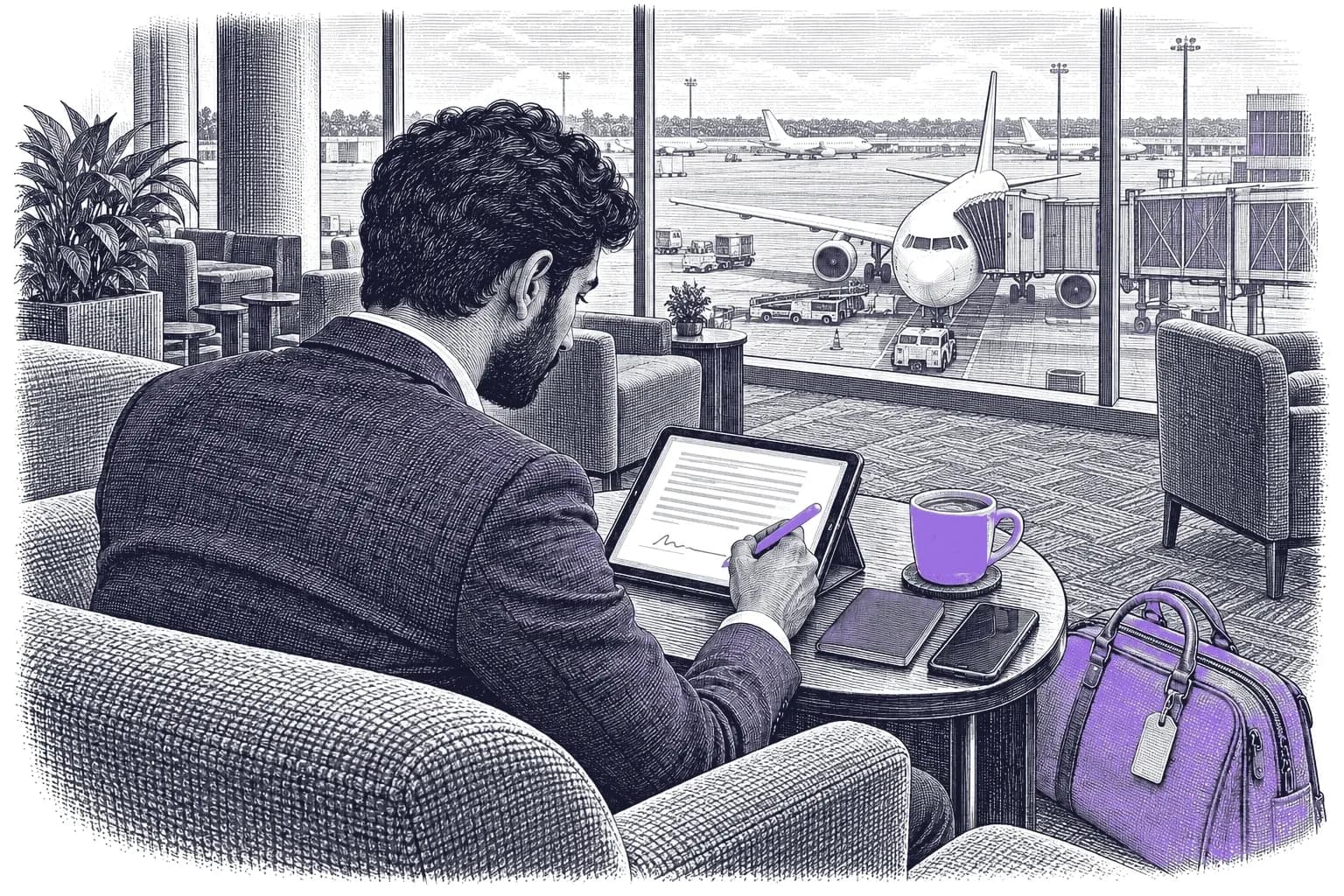 Engraving of an Indian man in a navy blazer in an airport lounge, signing a contract on a tablet with a lavender stylus, with aircraft at the gate outside.