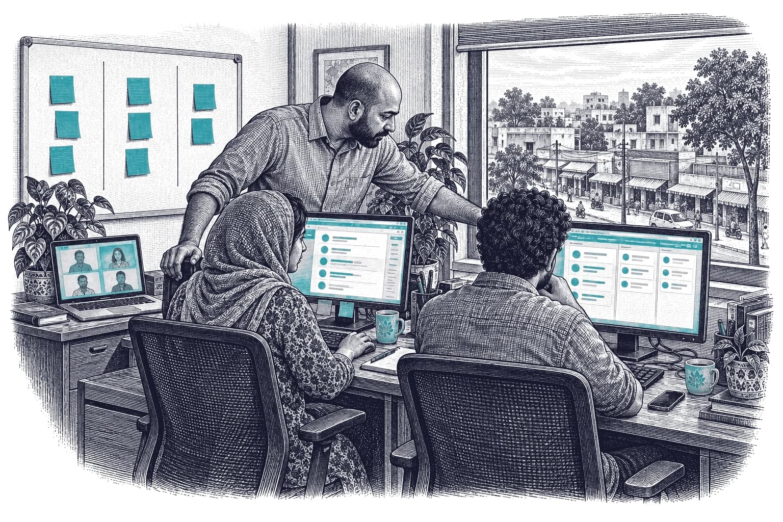 Engraving of a bald Indian man in his late thirties pointing at a colleague's screen in a small first-floor office, with a young woman in a headscarf and a young man at their desks and a whiteboard of teal sticky notes.