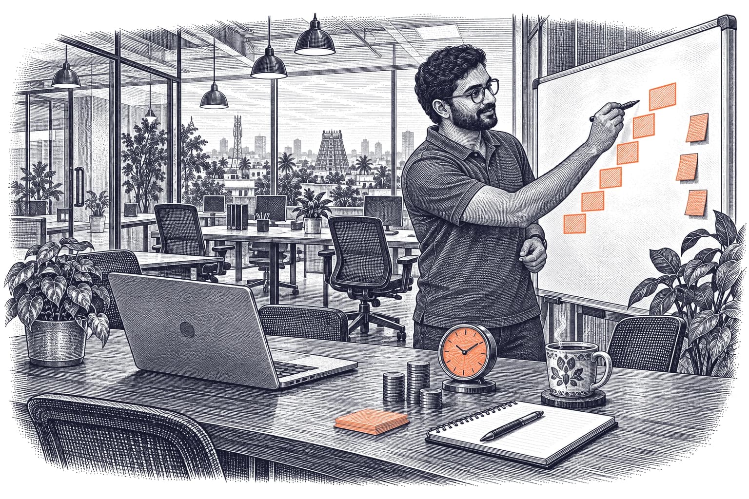 Engraving of a young Indian man with glasses and a beard drawing a rising staircase of orange sticky notes on a whiteboard in a co-working space, with an orange desk clock and coins on the table.