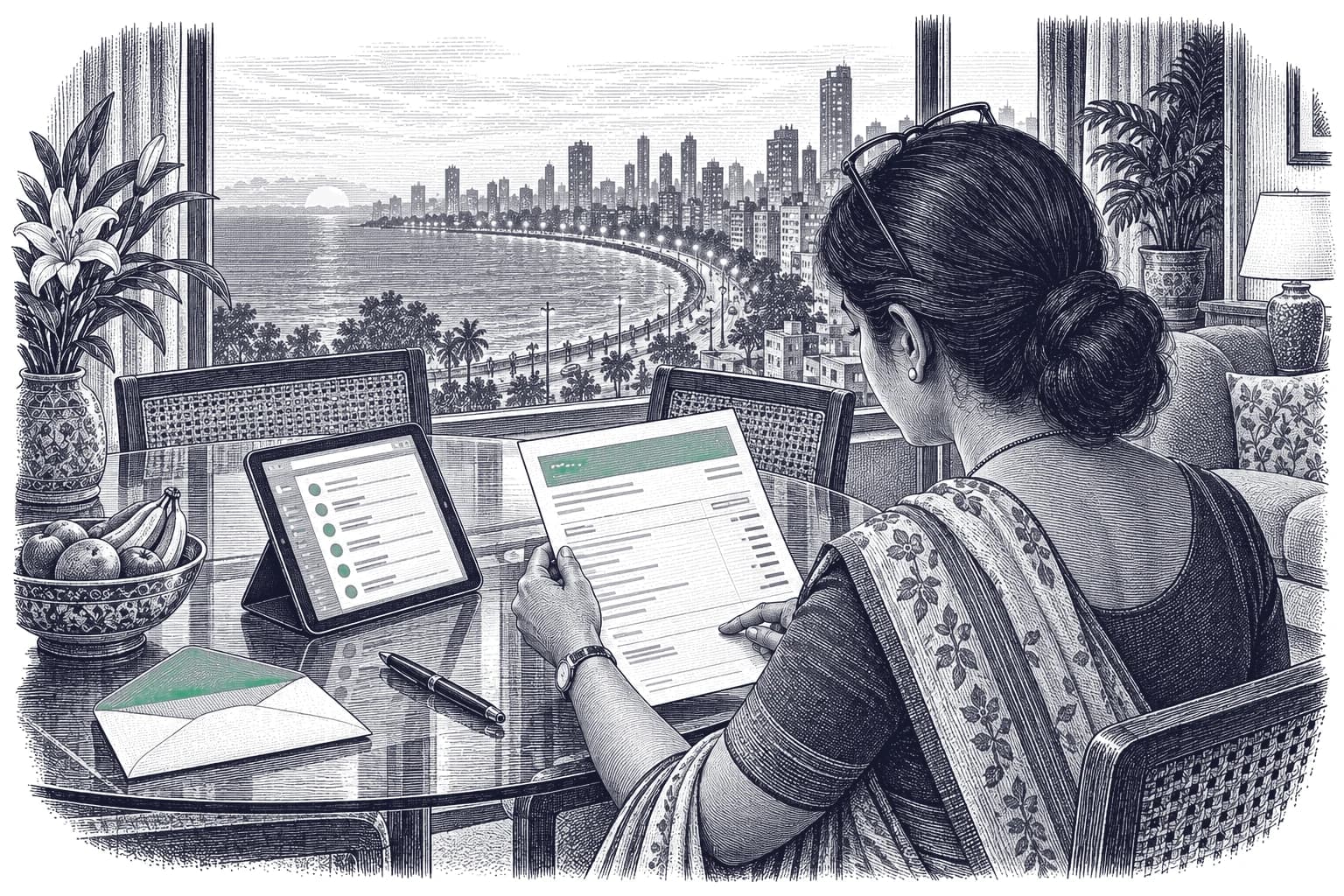 Engraving of an Indian woman in a sari in a high-rise flat, checking a printed invoice with a green header against a tablet, with an envelope on the table and the Mumbai seafront through the windows.