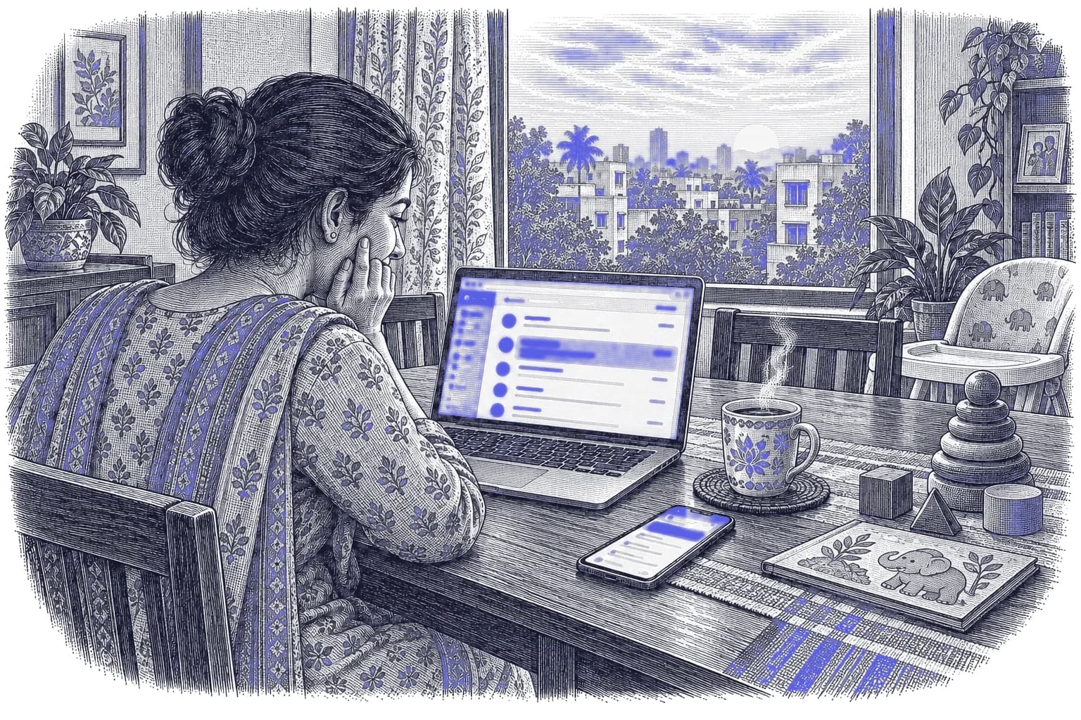 Engraving of a young Indian mother in a salwar kameez at her dining table early in the morning, hand on her cheek, reading a new reply on her laptop, with tea, a phone, a child's stacking toys and a high chair beside her.