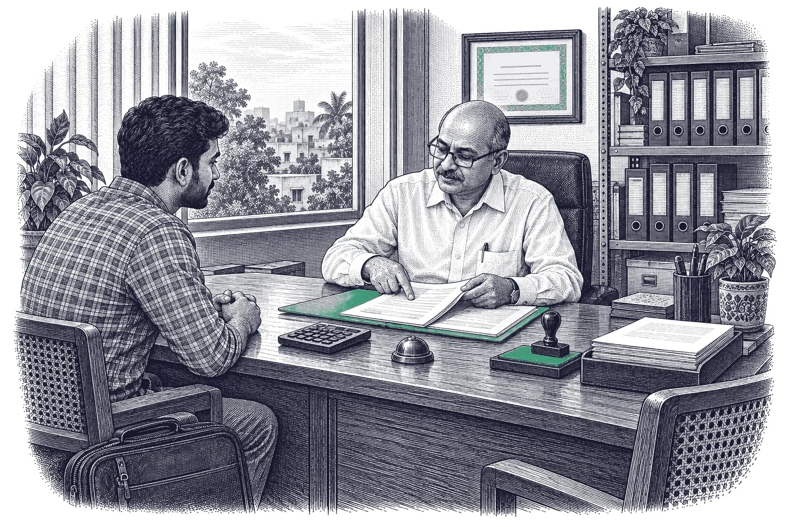 Engraving of a bald chartered accountant in his fifties pointing to an open green file on his desk while a young freelancer in a checked shirt listens, with a stamp on a green pad and box files behind them.