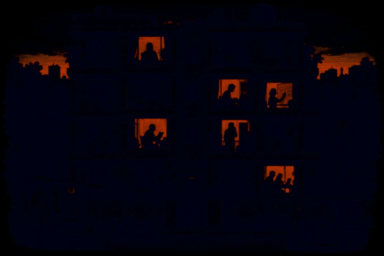 An apartment building at dusk with six lit windows. In each, someone is working: at a laptop, typing with headphones on, reading papers, writing on a whiteboard, talking on the phone, and a couple at a shared laptop.