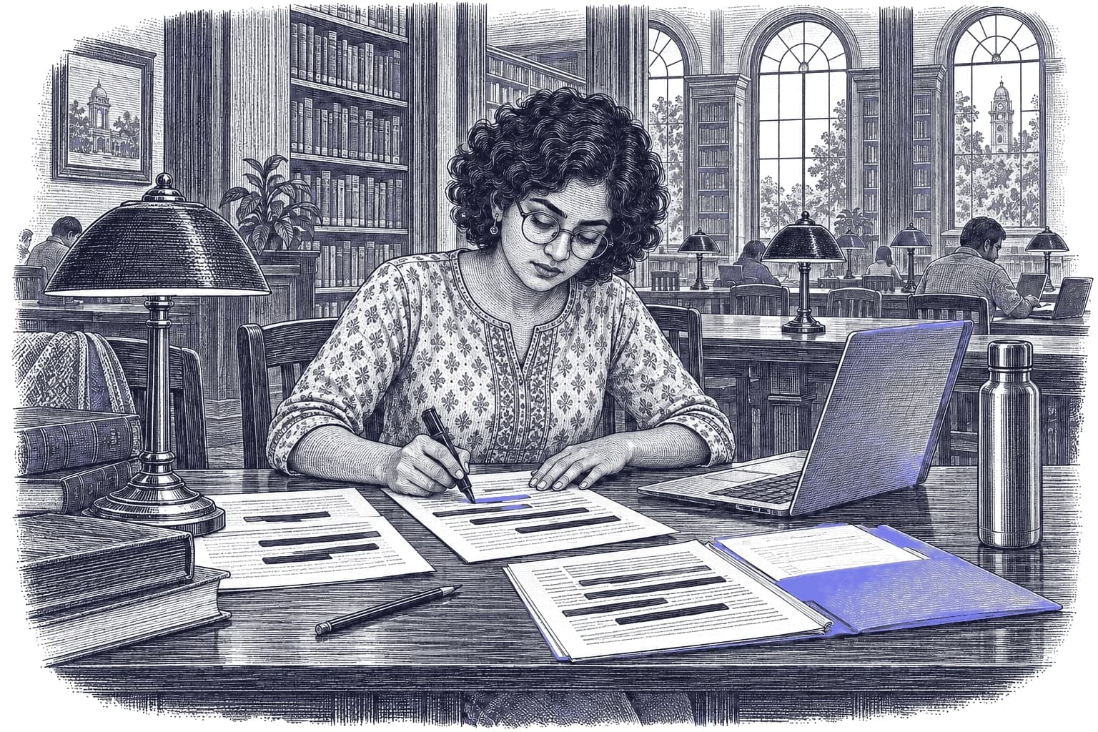 Engraving of a young Indian woman with short curly hair and glasses in a public library reading room, blacking out lines on printed reports with a marker beside her laptop and a periwinkle folder.