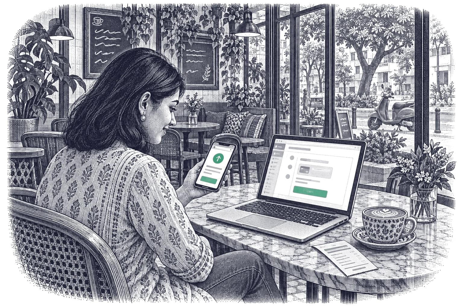 Engraving of a young Indian woman in a kurta at a café table in Bengaluru, smiling at a green bank app on her phone, with a laptop showing a payment page, a cappuccino and a receipt.