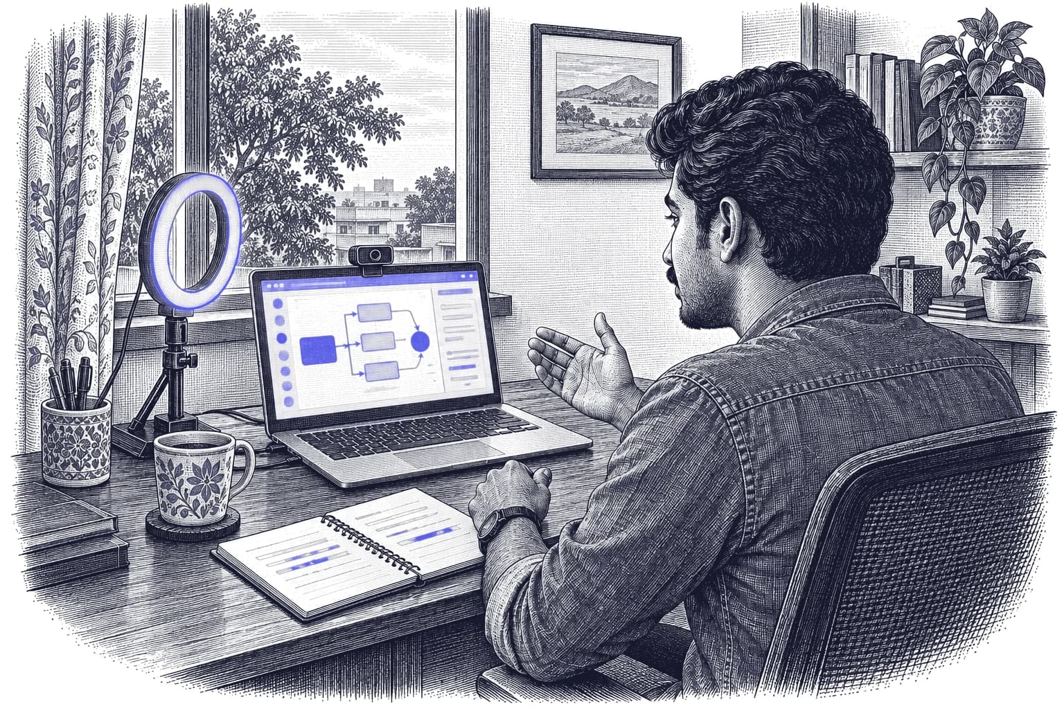 Engraving of a young Indian man with curly hair and a denim shirt recording a short video at his desk, gesturing at a workflow diagram on his laptop, with a ring light, a webcam and a notebook with highlighted lines.