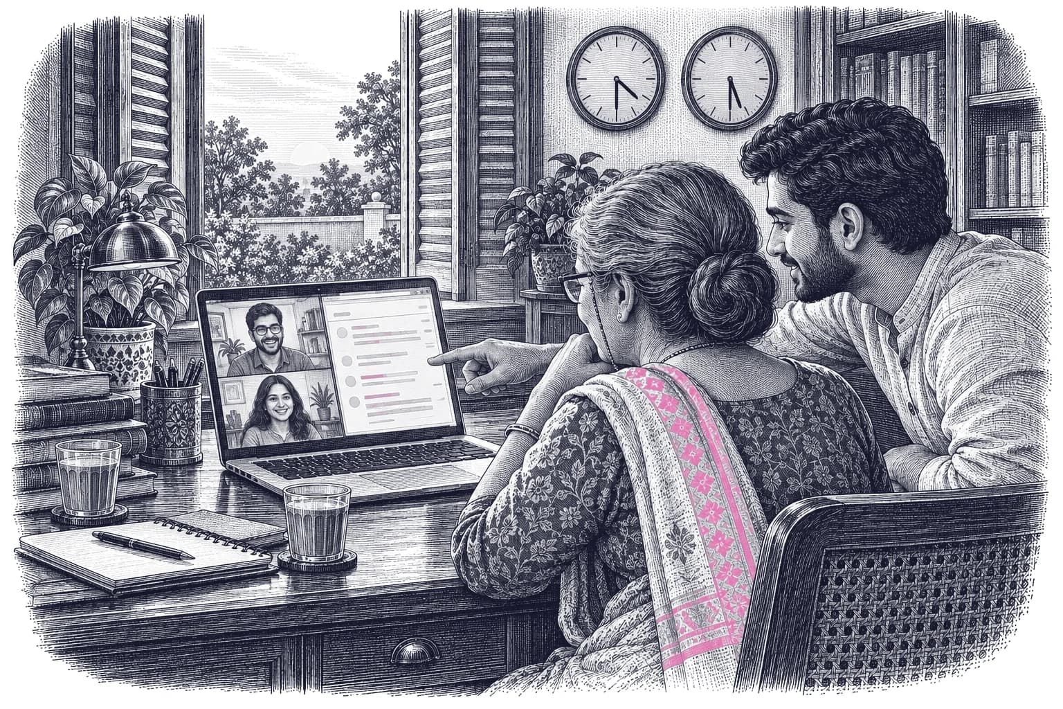 Engraving of an older Indian woman in a sari and a young man in a kurta in a book-lined study, smiling on a video call with two young freelancers, with a shared document on the screen and two wall clocks half an hour apart.