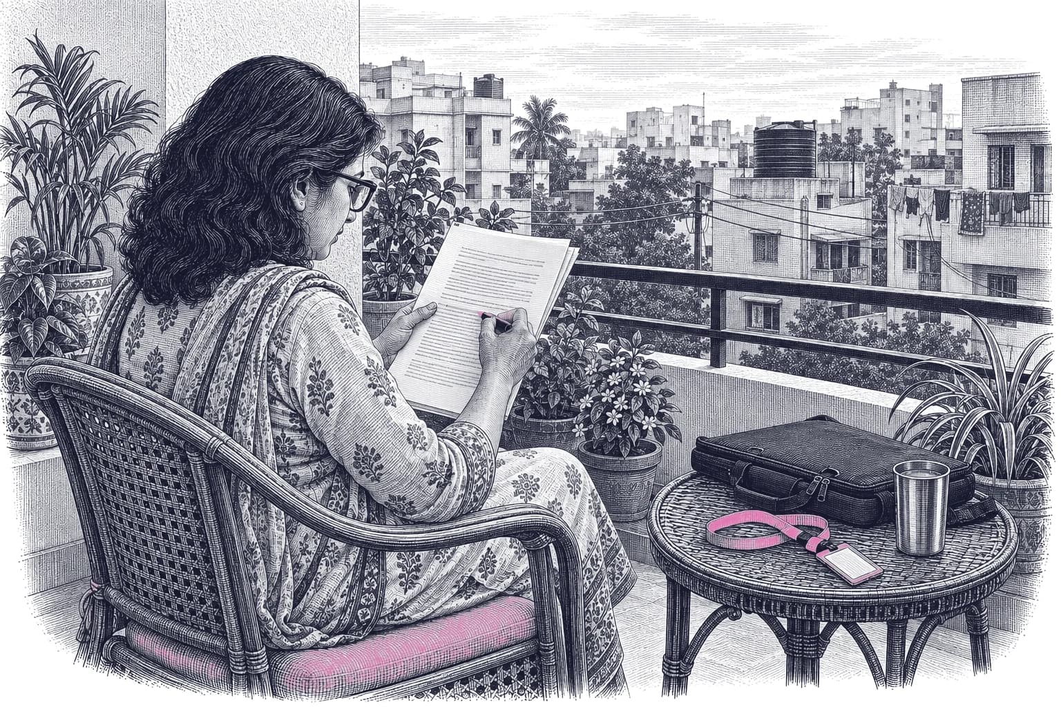 Engraving of an Indian woman in her late thirties in a salwar kameez on a city balcony, reading printed pages and marking a line with a pink highlighter, with her office ID lanyard on the table beside her.