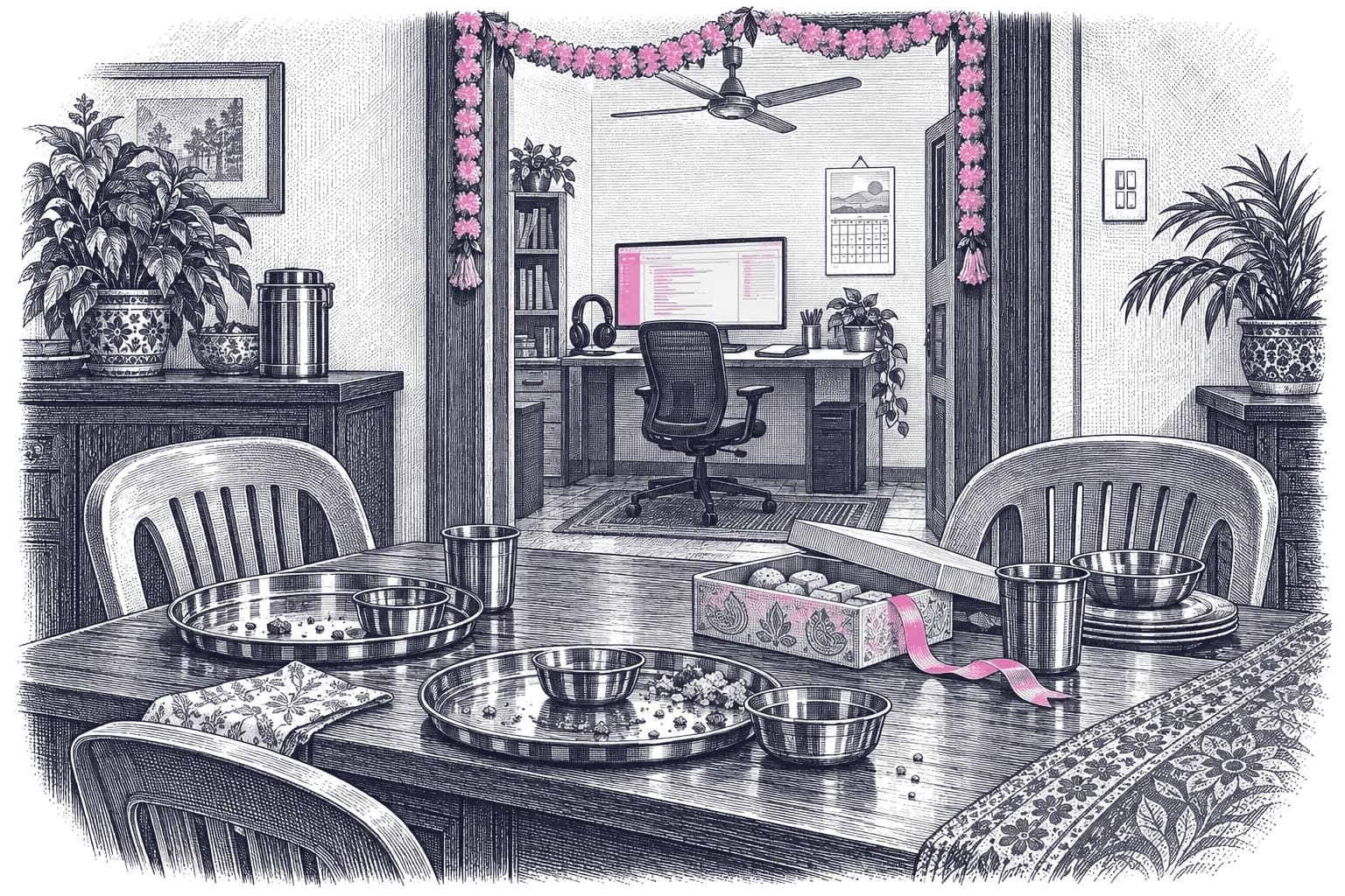 Engraving of a dining table after relatives have visited, with steel plates and a sweets box with a pink ribbon, looking through a doorway hung with a pink marigold garland to a work desk with a glowing monitor.