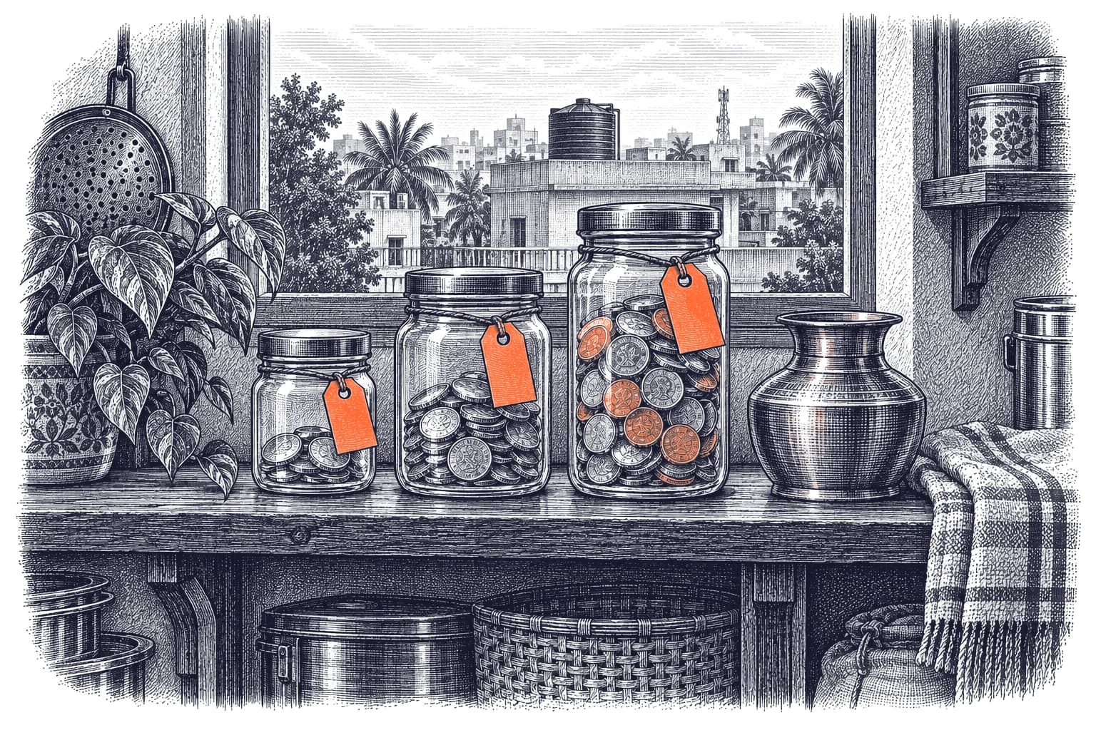 Engraving of three glass jars on a storeroom shelf, small, medium and tall, holding more coins each time, each with a blank orange price tag, beside a brass pot.