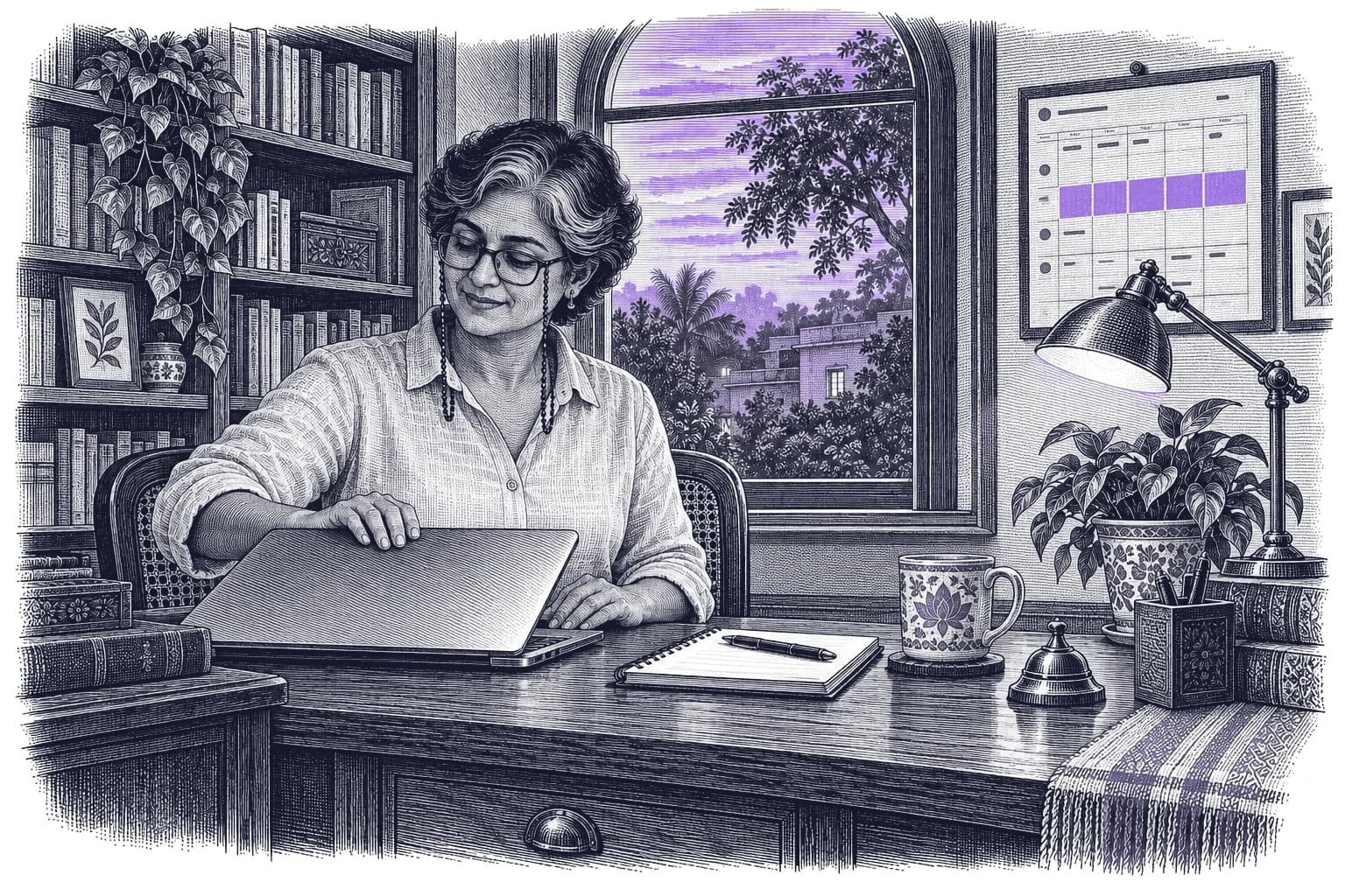 Engraving of an Indian woman in her forties with a grey streak and glasses on a chain, calmly closing her laptop in a book-lined study at dusk, with a row of days blocked out in lavender on the wall planner.