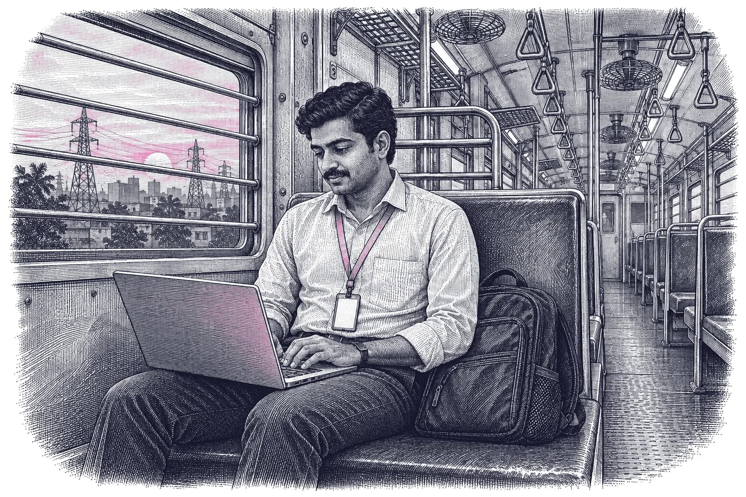 Engraving of an Indian man in an office shirt with his ID badge on a pink lanyard, working on his own laptop in a commuter train on the way home, with a pink evening sky through the window.