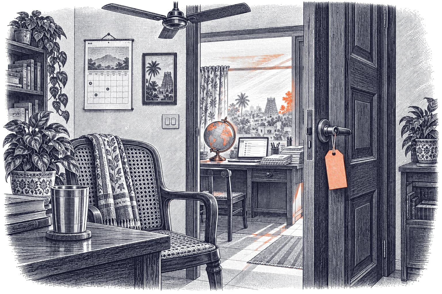 Engraving of a half-open wooden door with a blank orange price tag on the handle, looking through to a bright desk with an orange globe and a laptop.