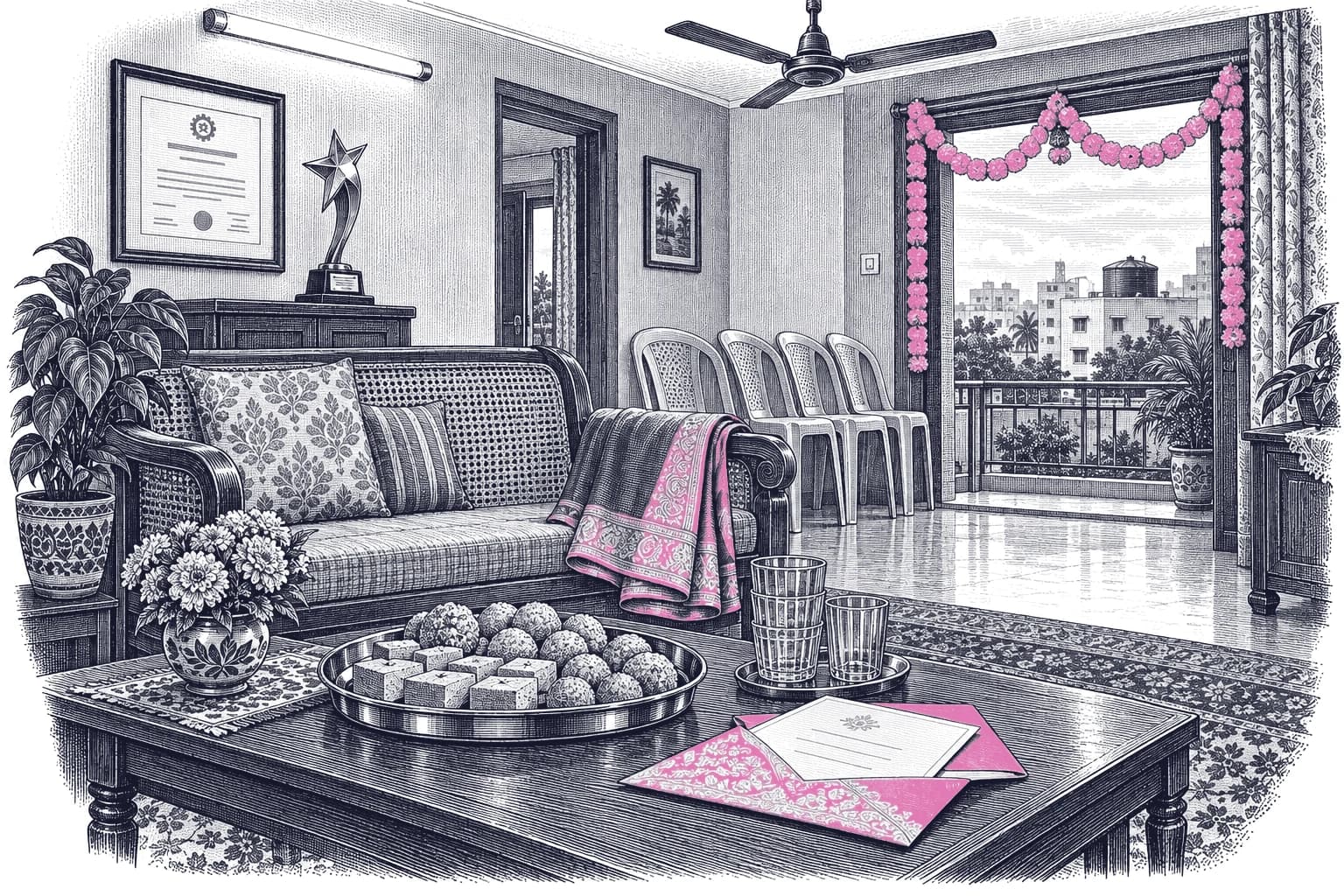Engraving of an Indian living room made ready for visiting relatives: a cane sofa, stacked plastic chairs, a plate of sweets and a pink wedding invitation on the table, a trophy on the shelf and a marigold garland at the balcony door.