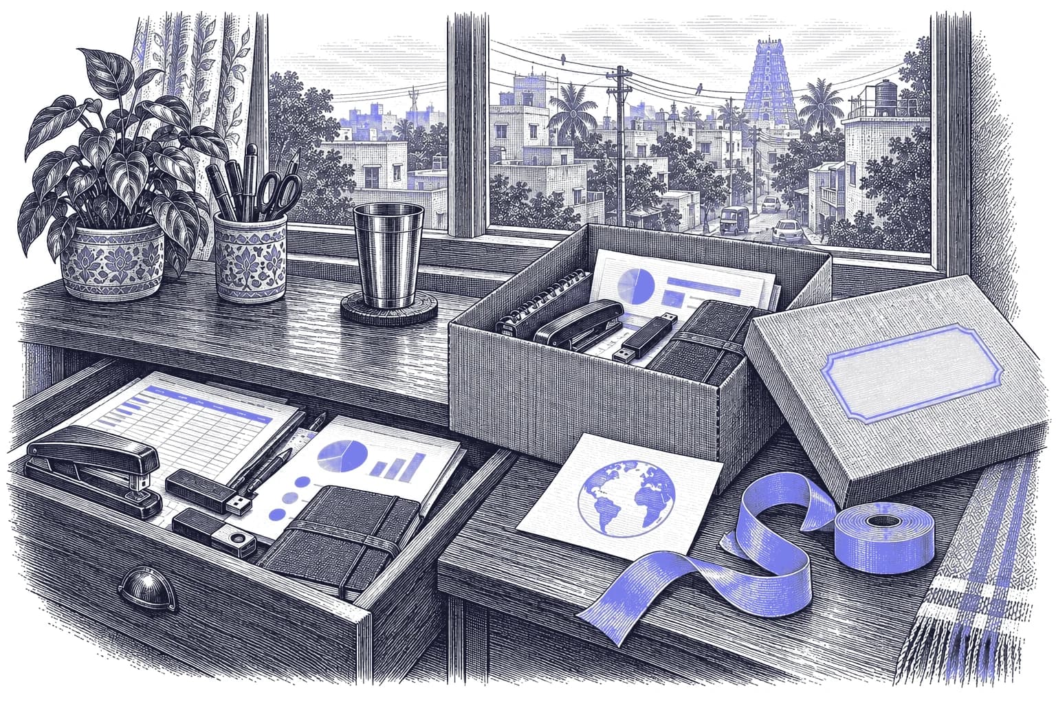 Engraving of an open desk drawer of office things, a stapler, pen drives and printed reports, being packed into a box with a periwinkle ribbon, a blank periwinkle label and a globe logo sketch.