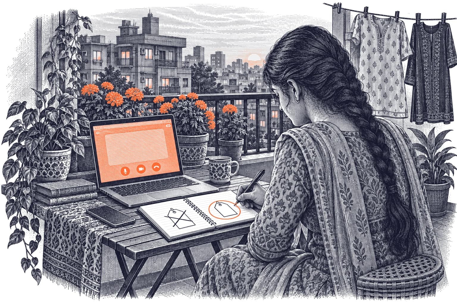 Engraving of an Indian woman in a salwar kameez on a balcony, on a video call, circling one of two price tags drawn in her notebook, with orange marigolds along the rail.