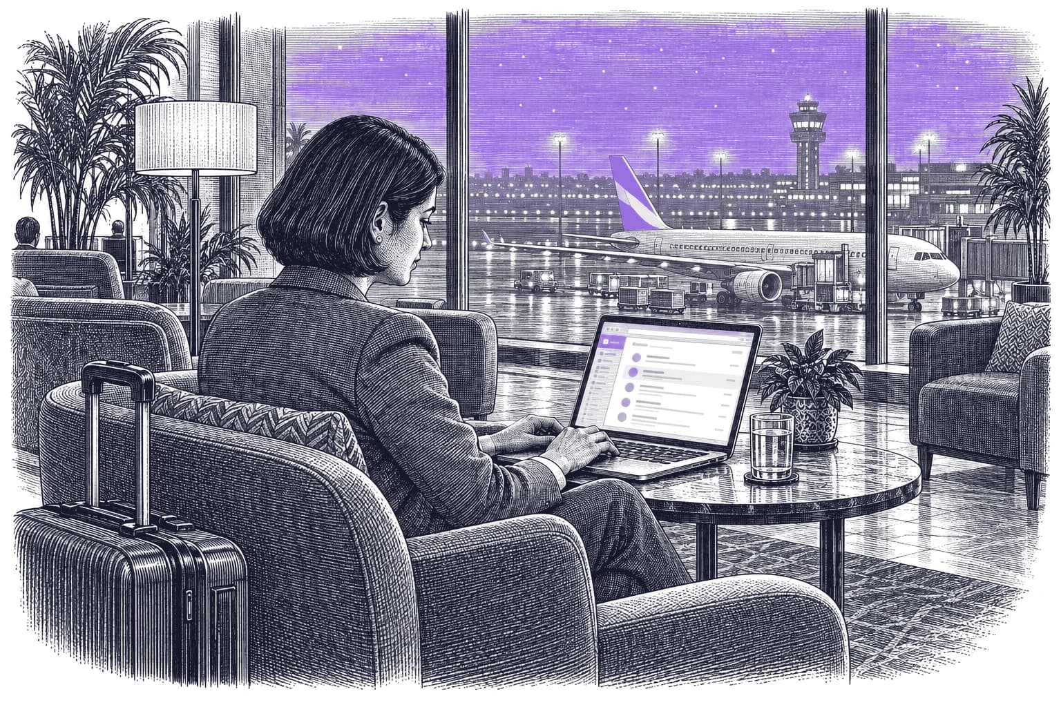 Engraving of an Indian woman in a blazer working on her laptop in an airport lounge late at night, with aircraft and runway lights beyond the glass under a lavender sky.