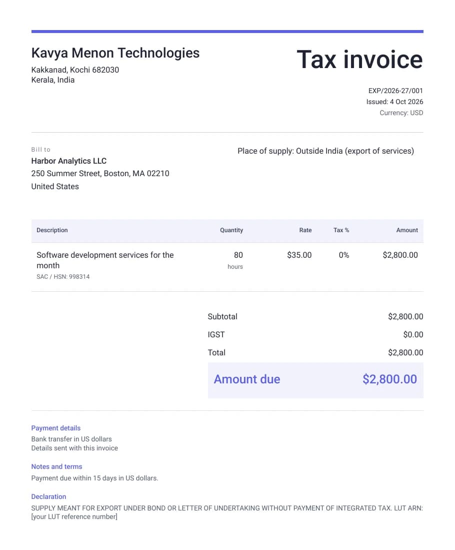 Example of a filled-in export invoice, made with the free invoice maker