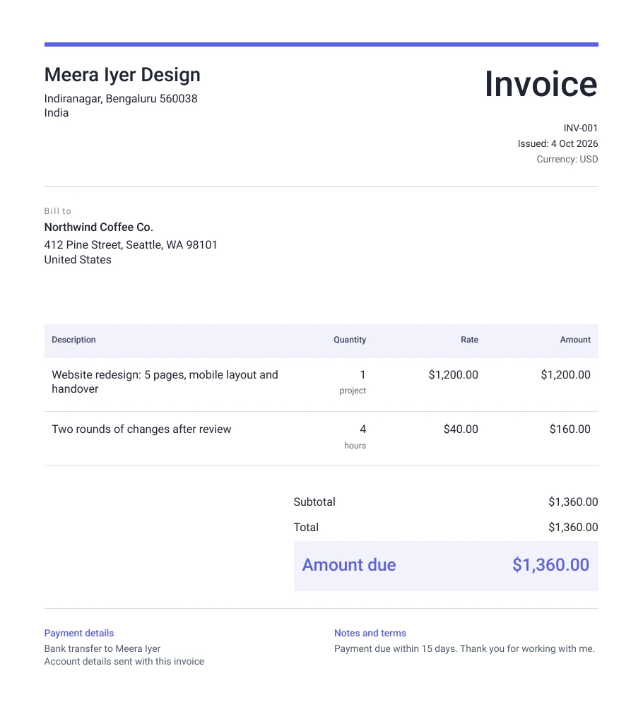 Example of a filled-in freelance invoice, made with the free invoice maker