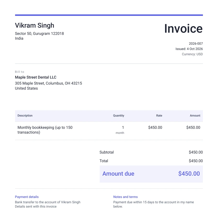 Example of a filled-in self employed invoice, made with the free invoice maker